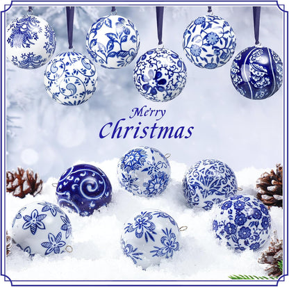 Cindeer 12 Pcs Blue and White Christmas Porcelain Balls 2.4 Inch Porcelain Chinoiserie Ornament Bulk Christmas Ceramic Hanging Decorative for Tree Home Xmas Party (Elegant Style)