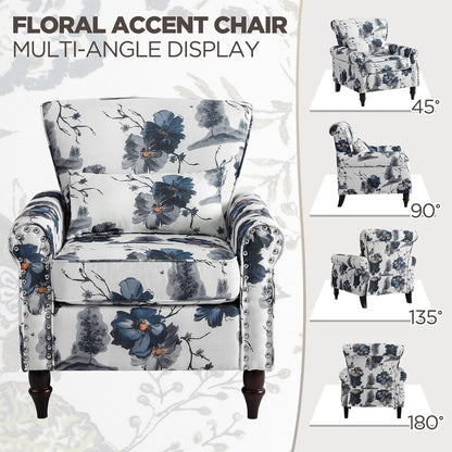 Wingback Accent Chair with Removable Pillow, High Back Floral Armchair with Solid Wood Legs & Nailhead Trim, Comfy Upholstered Reading Single Sofa Chair for Bedroom (1, Ink Blue Pattern)