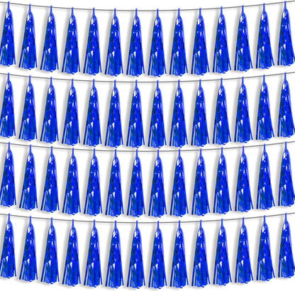 4P Blue Foil Fringe Metallic Tassel Streamers Banner Tassel Garland for Parade Floats, Bachelorette, Wedding, Birthday, Halloween, Christmas, Bridal/Baby Shower Party Decorations