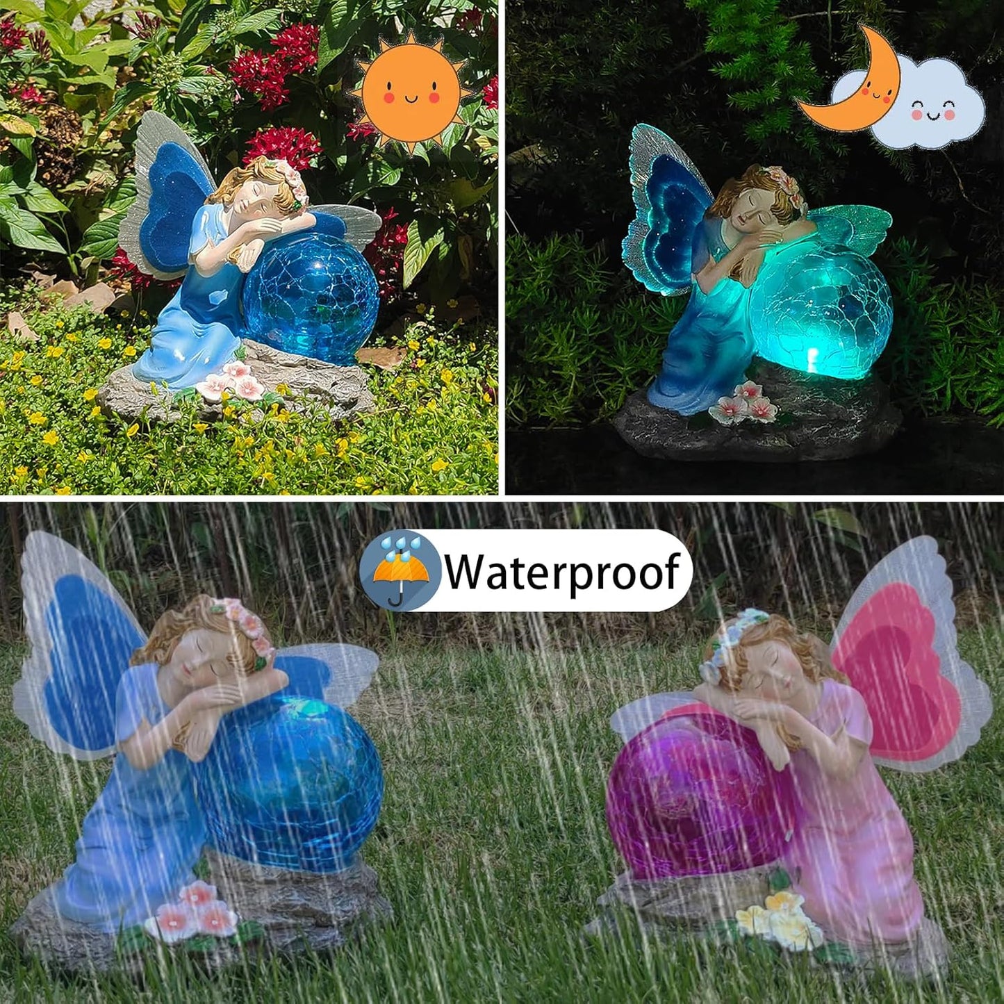 Fairy Garden Statue ，Solar Garden Decor ，Fairy Statue Outdoor with Glass Ball ，Waterproof Outdoor Decor，Suitable for Yard, Lawn ，Ideal for Holiday Giving（Blue）
