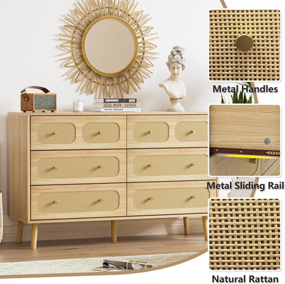 SINROM® Rattan Dresser for Bedroom, Modern 6 Drawer Dresser with Gold Handles, Wood Storage Chest of Drawers for Bedroom, Living Room, Hallway and Entryway, Natural