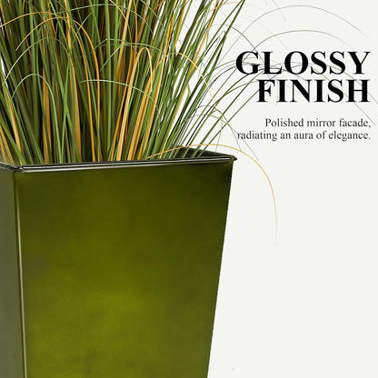 WORTH Garden 28" Large Metal Glazed Planter Set of 2, Luxurious Glossy Finish Green Tall Square Tapered Steel Plant Pots, Decor Flower Pot Indoor & Outdoor, Drainage Hole & Dual-Purpose Plant Saucer