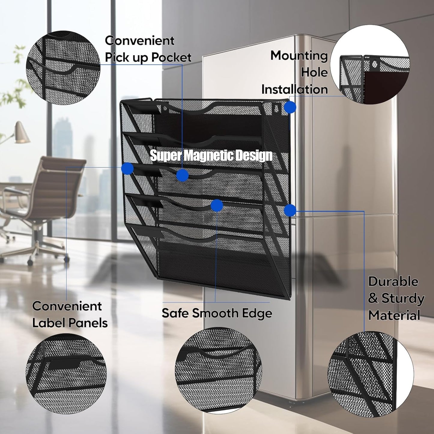 5-Tier Magnetic File Holder, No Drilling Installation File Cabinet Organizer, Black Magnetic File Organizer, Magazine Rack, Magnetic Paper Holder for Refrigerator, File Cabinets, Whiteboard