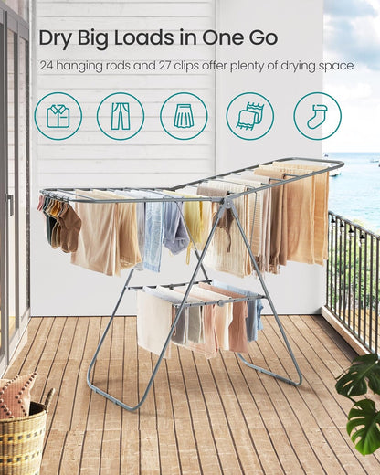 SONGMICS Clothes Drying Rack, with Sock Clips, Metal Laundry Rack, Foldable, Space-Saving, Free-Standing Airer, with 2 Height-Adjustable Gullwings, Indoor Outdoor Use, Gray ULLR052G01