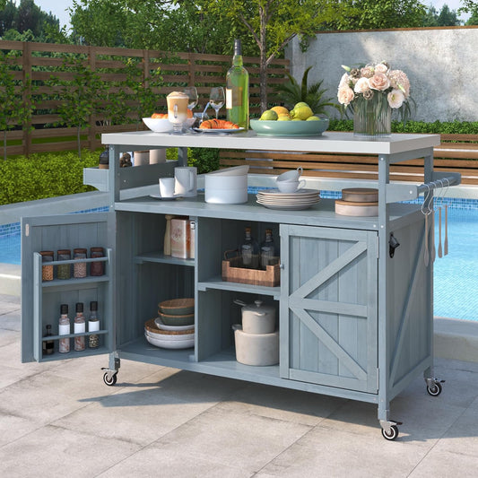 50.25" Outdoor Kitchen Island with Rolling Bar Cart & Storage Cabinet, Farmhouse Solid Wood Grill Table with Stainless Steel Top, Spice Rack & Towel Rack for Kitchen & BBQ (Grey Blue)