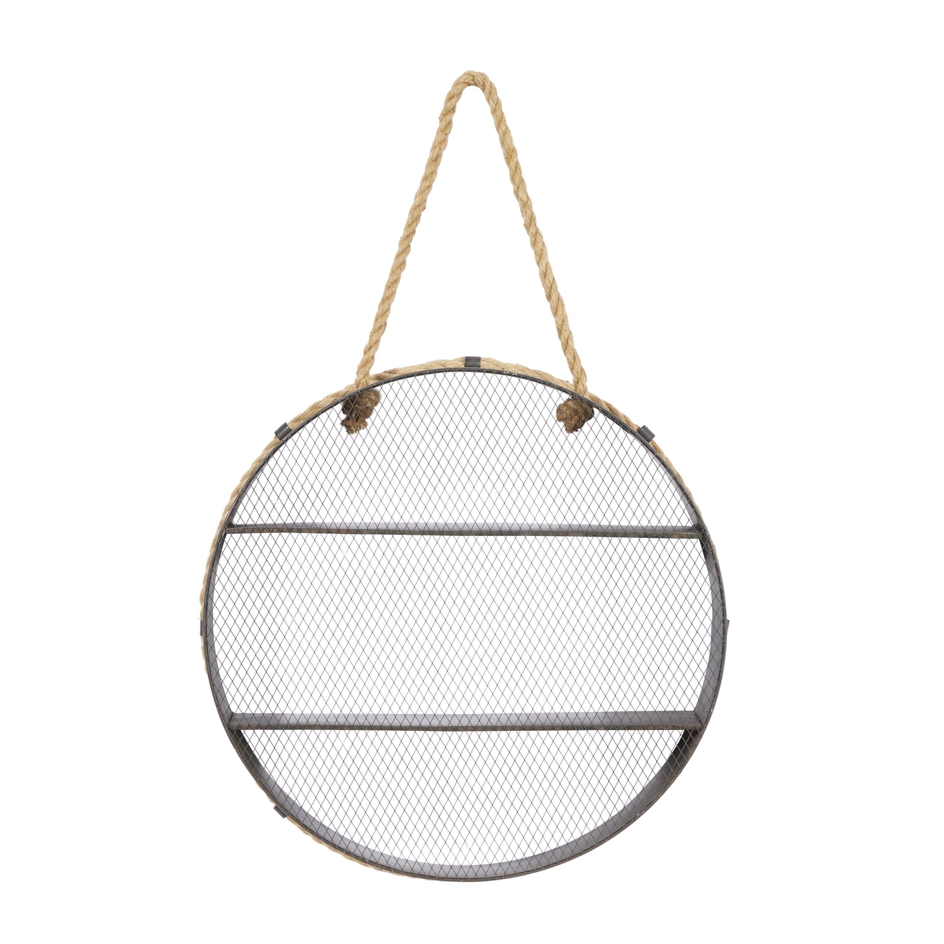 Deco 79 Metal Round 2 Shelves Wall Shelf with Hanging Rope, 24" x 6" x 24", Black