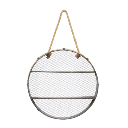 Deco 79 Metal Round 2 Shelves Wall Shelf with Hanging Rope, 24" x 6" x 24", Black