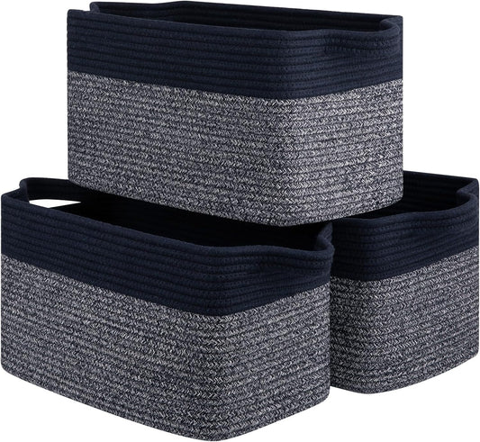 Storage Basket for Organizing, Woven Baskets for Storage, Rectangle Decorative Baskets for Shleves, Closet, Toys, Books, Nursery Organizer Bins - Pack of 3 (Blue & Black)