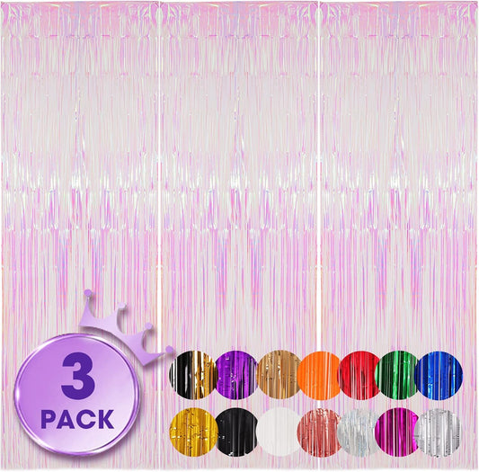3 Pack 3.3x8.2 Feet Iridescent Transparent Foil Fringe Backdrop Curtains, Tinsel Streamers Birthday Party Decorations, Fringe Backdrop for Graduation Baby Shower Gender Reveal Disco Party