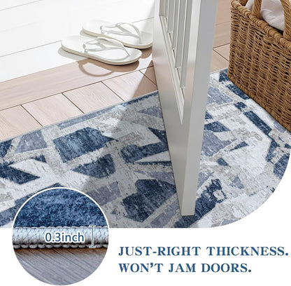 Modern Abstract Door Mat Indoor Entrance 2X3 Blue Rug Washable, Non-Slip Small Rugs for Entryway Bathroom Ultra-Thin, Throw Carpet for Kitchen Bedroom Nursery Kids Print Faux Wool