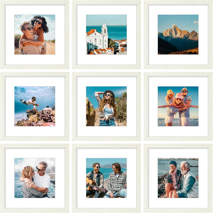Vittanly 12x12 Picture Frames Set of 9, Shatter Resistant Plexiglass, Display 8x8 Pictures with Mat or 12x12 without Mat, Photo Frames for Wall Mount, Engineered Wood, Whitemist