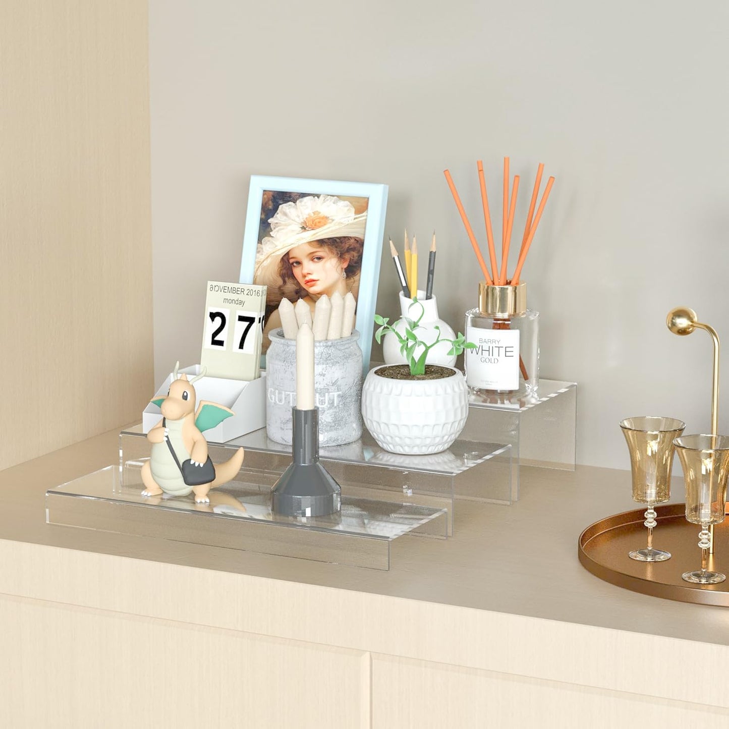 Rectangular Acrylic Display Risers Stands 3pcs, Dessert Table Display Rack, Clear Display Shelf for Funko Pop, Collectibles, Retails, Shoes, Glasses, Plants, Home Decors, Perfume - 12-1'', 2'', 3''