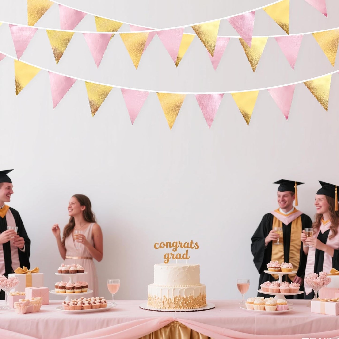 Pink Gold Party Decoration Metallic Fabric Light Pink Gold Triangle Pennant Banner Flag Bunting Garland for Women Girl Birthday Retirement Graduations Bridal Shower Wedding Baby Shower Party Supplies