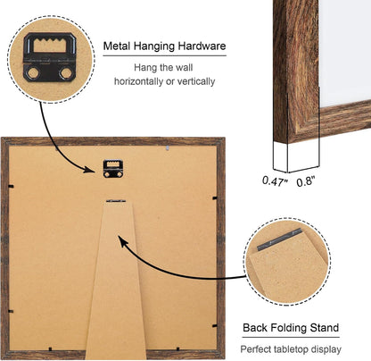 12x12 Picture Frame Set of 4, 12 x 12 Wood Photo Frames with Mat for 10x10 or 30x30cm Diamond Painting Art, Wooden Frame with Real Glass Cover for Wall and Tabletop Display,Rustic Brown