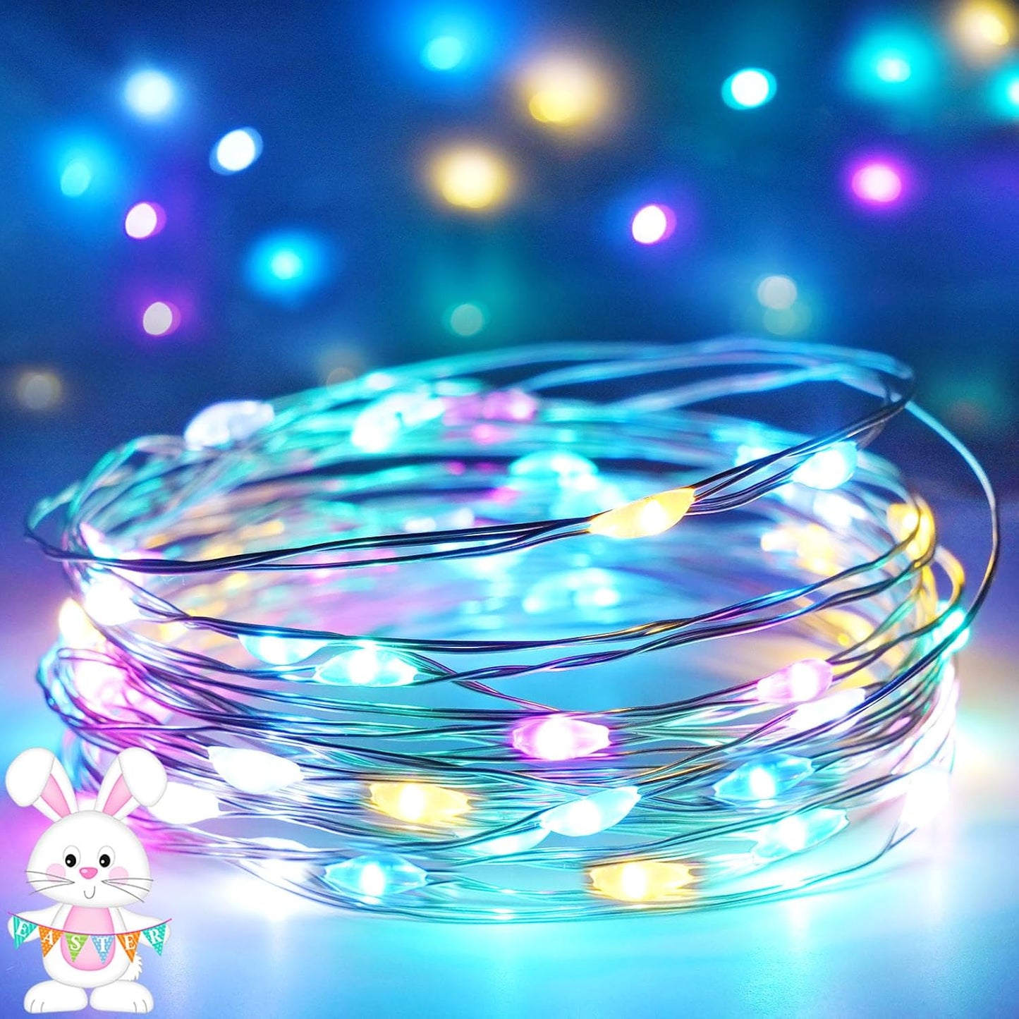 4-Pack Easter Lights Battery Operated, Pastel Fairy Lights with Timer, Waterproof 16FT 50LED Christmas String Light Indoor Outdoor for Easter Home Bedroom Christmas Centerpiece Decoration (Multicolor)