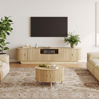 Coffee Table and TV Stand Set of 2, Round Center Table with Storage,Fluted Coffee Table with 360° Sliding Doors, 86.6" Entertainment Center for Bedroom, Living Room,Natural