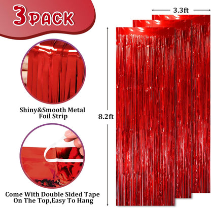 3 Pack 3.3x8.2 Feet Red Foil Fringe Backdrop Curtains, Tinsel Streamers Birthday Party Decorations, Fringe Backdrop for Graduation, Baby Shower, Gender Reveal, Disco Party