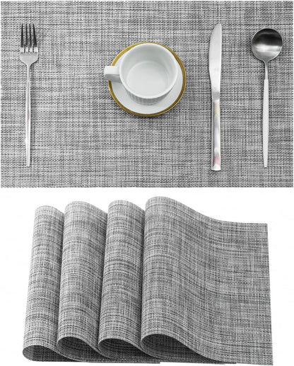 Leetaltree Linen Grey Placemats Set of 4 - Heat Resistant Non-Slip Place mats for Dining Table, Washable Durable PVC Vinyl Woven Table Mats（Linen Grey, 4）