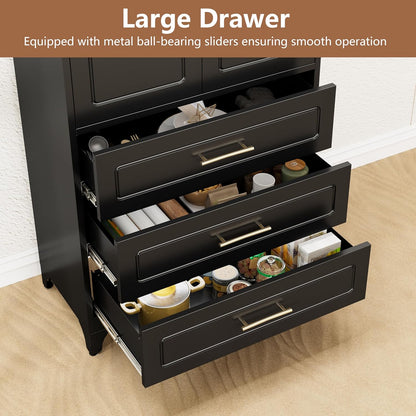 Kitchen Pantry Cabinet, 75" Tall Pantry Cabinet with Three Drawers, Freestanding Food Cupboard with Doors and Shelves, Metal Storage Cabinets for Dining, Living Room, Black, Assembly Required