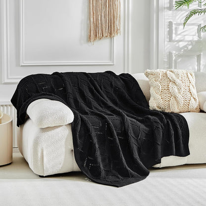 Longhui bedding Chunky Cotton Knit Throw Blanket for Couch, Sofa, Bed, or Chair, Decorative Breathable Fall Cable Knit Blanket 51 x 63 Inches, Medium Weight Black