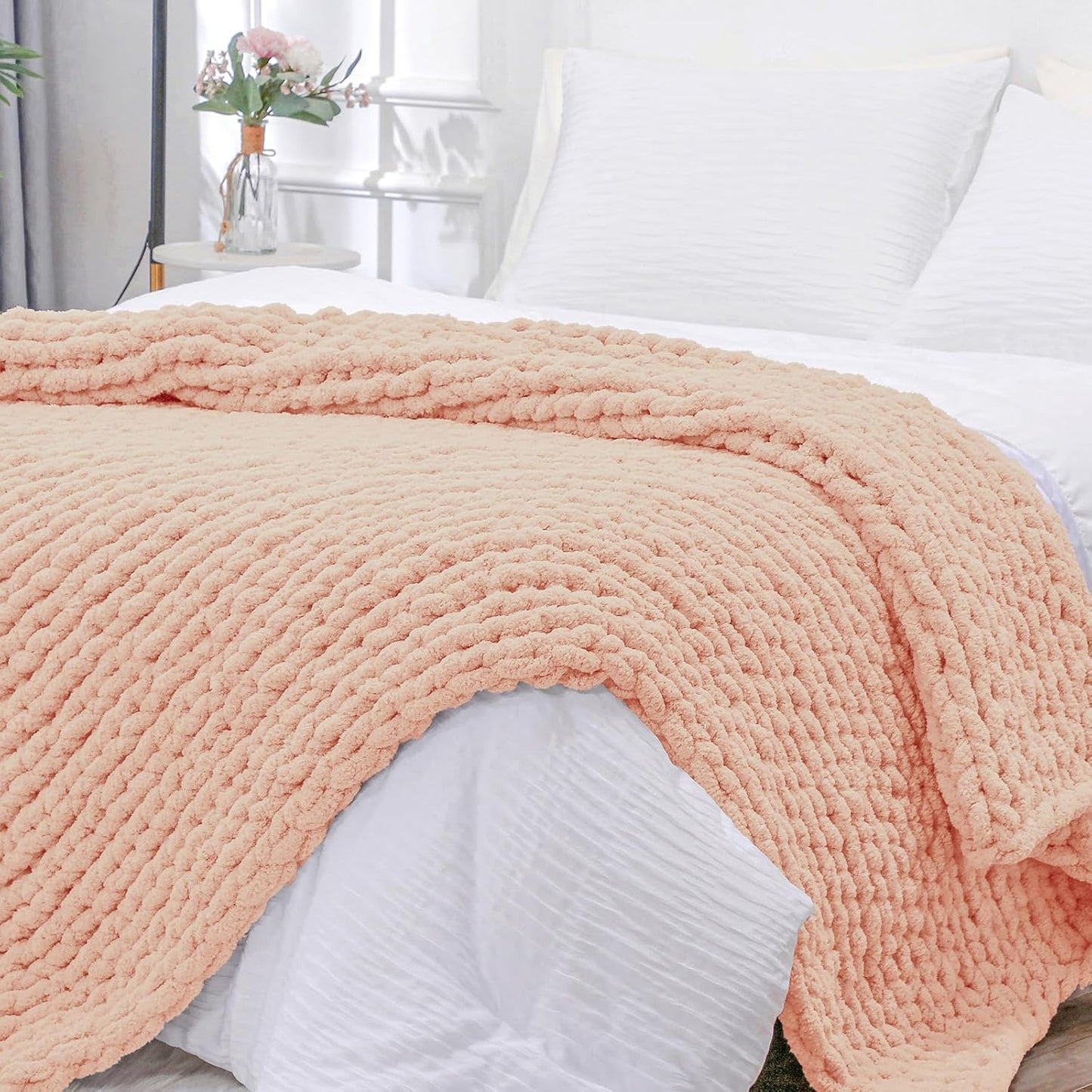 Bigacogo Chunky Knit Throw Blanket for Couch, 51x63 inches, 100% Hand Knitted with Thick Jumbo Chenille Yarn, Cozy Soft Large Rope Knot Cable Crochet Blankets for Sofa Bed Living Room, Peach Fuzz