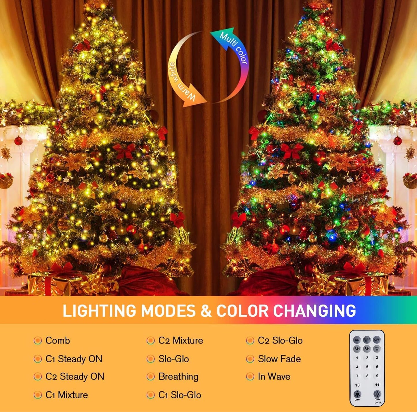 JMEXSUSS 33ft 100 LED Color Changing String Lights Plug in, Warm White & Multicolor Christmas Tree Lights Indoor, Christmas String Lights Outdoor Waterproof for Xmas Indoor Decor