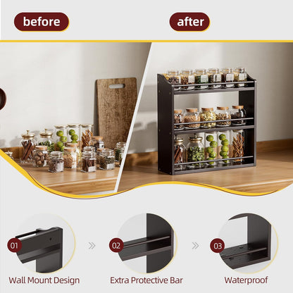 3 Tier Bamboo Wood Spice Rack, Seasoning Bottles Jars Organizer Shelf for Spices or Craft Supplies, Kitchen Counter or Wall Mounting (Brown)