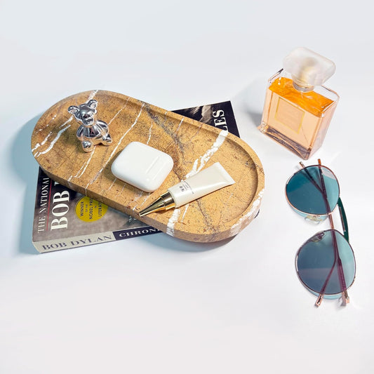 JINGJU Brown Rainforest Marble Oval Tray 10x5inches, Natural Stone Decorative Tray for Jewelry, Candle, Bathroom Counter, Coffee Table