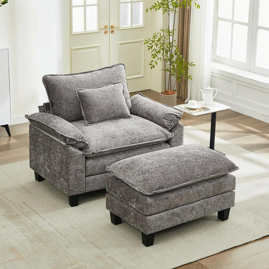 URRED Modular Sectional Sofa Comfy Cloud Couch, Modern Chenille Sofa Sleeper Deep Seat Couches with Ottoman/Pillows for Living Room (Gray, 53''- Ottoman)