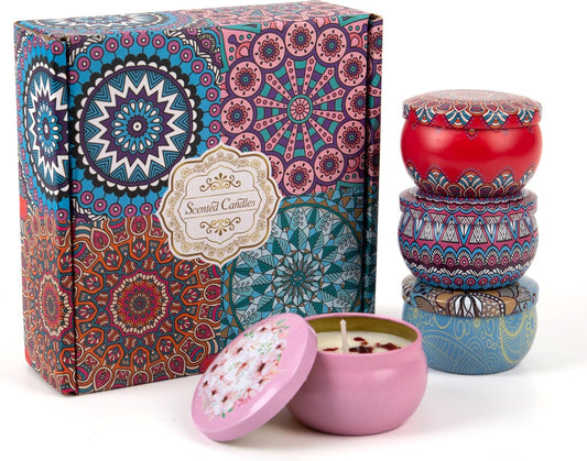 Aromatherapy Soy Candles Gift Set for Women ??4 Pack Scented Candle Set with Lavender, Rose, Jasmine & Freesia, Relaxing Stress Relief Gifts, Mother?™s Day, Christmas,Small Candles for Gifts