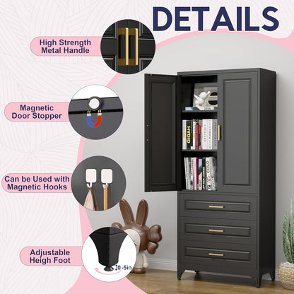 Pantry Kitchen Cabinet with Drawer, 75" Tall Pantry Storage Cabinet, Metal Storage Cabinets with Doors and Shelves, Large Freestanding Cupboard for Dining Room, Assembly Required, Black