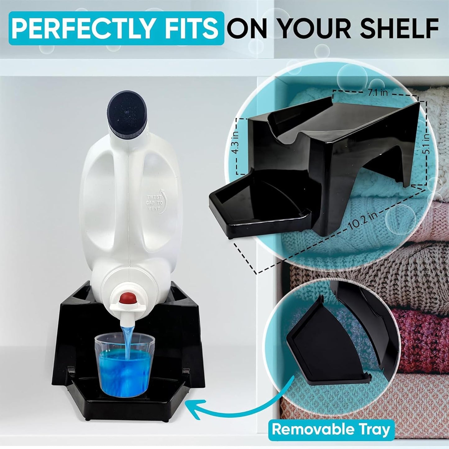 TidyFriend 3 Pack Laundry Detergent Dispenser with Tray & Strap, Laundry Soap Dispenser with Non-Slip Rubber Feet for Washing Room Organization, Easy Pour (Black)