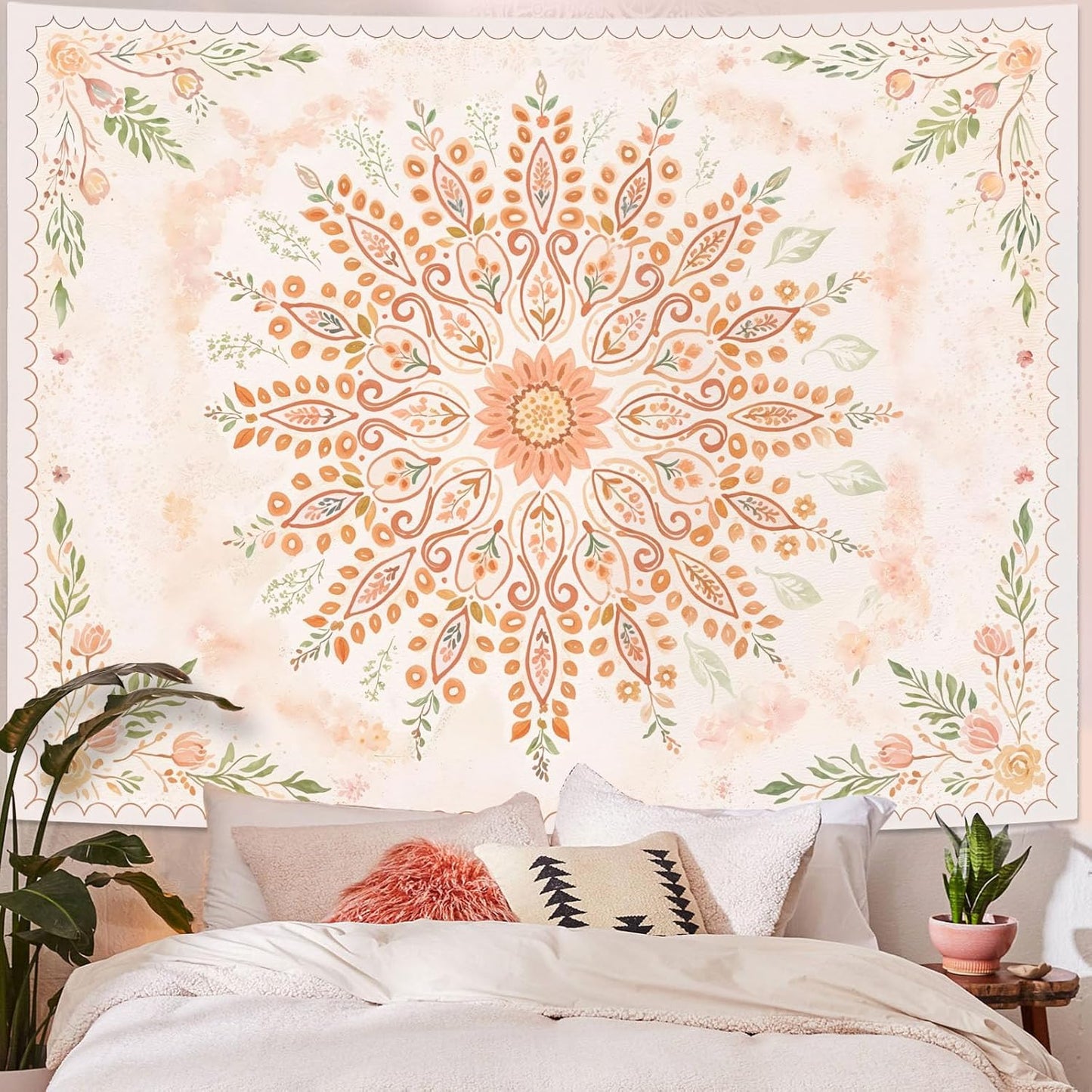 Lunerfex Floral Mandala Tapestry Boho Tapestry for Bedroom Peach Tapestries Wall Hanging Living Room Wall Art and Home Decor 60x80