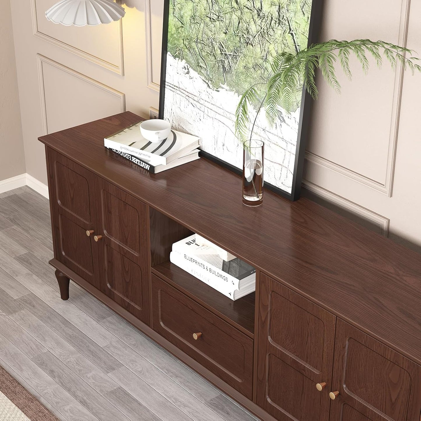 ARTPOWER 67'' Mid-Century Modern TV Stand with Storage Drawer and Doors, Long TV Stand with Adjustable Shelves for 75 Inch TV for Living Room, Bedroom, Brown