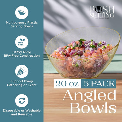 Posh Setting Gold Plastic Serving Bowls - Angled, Disposable for Chips, Candy, Salad, Fruit - Wedding Party Table - Gold Glitter, 20 OZ, 5 Pack