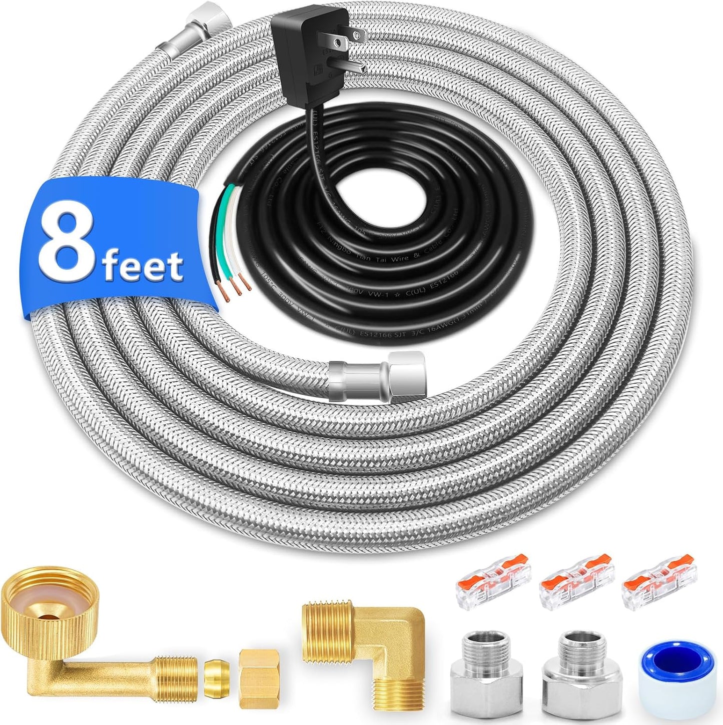 Dishwasher Installation Kit - 8 FT Stainless Steel Dishwasher Hose with 3/8" Compression Connections,Food Grade PEX Inner Tube Dishwasher Water Supply Line with Elbows,Adapters and 6 FT Power Cord