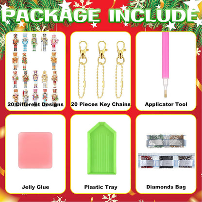 Tondiamo 20 Pcs Christmas Diamond Painting Keychain Kits 5d DIY Christmas Nutcracker Diamond Art Pendants Double Sided Hanging Key Chains Xmas Craft Gifts for Adult Holiday Party Decoration DIY