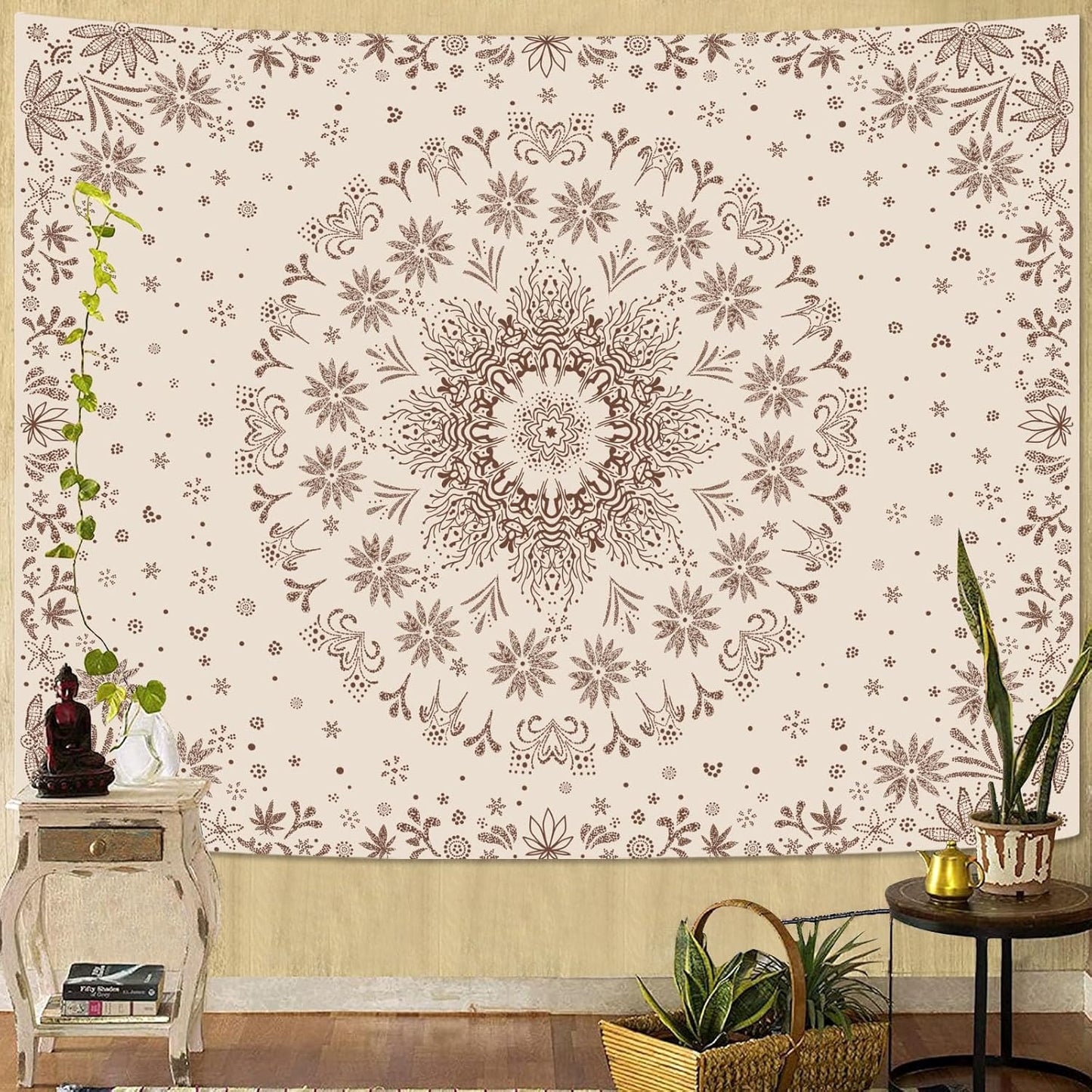 Fowocu Boho Floral Mandala Tapestry Wall Hanging Bohemian Flower Medallion Tapestry Aesthetic Beige Brown Hippie Indian Small Tapestries for Bedroom Living Room Dorm Decor 80 x 60 Inch