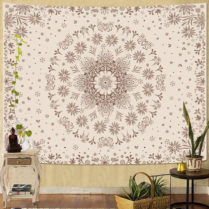 Fowocu Boho Floral Mandala Tapestry Wall Hanging Bohemian Flower Medallion Tapestry Aesthetic Beige Brown Hippie Indian Small Tapestries for Bedroom Living Room Dorm Decor 90 x 68 Inch