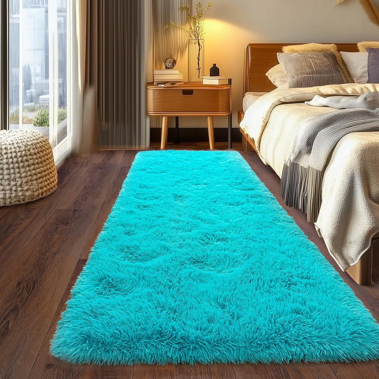 Rezutan Super Soft Fluffy Rug for Living Room Bedroom Modern Shaggy Fuzzy Kids for Living Room,Plush Indoor Nursery Classroom Home Decor Bedside Rug with Non-Slip Bottom,Teal Blue, 2 X 6 Feet
