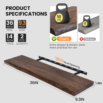 Floating Shelves for Wall, 36"x9.3" Rustic Solid Live-Edge Elm Wood Wall Shelves, Heavy-Duty Floating Shelves with Invisible Brackets, Set of 2 for Living Room, Bedroom, and Kitchen, Walnut Finish