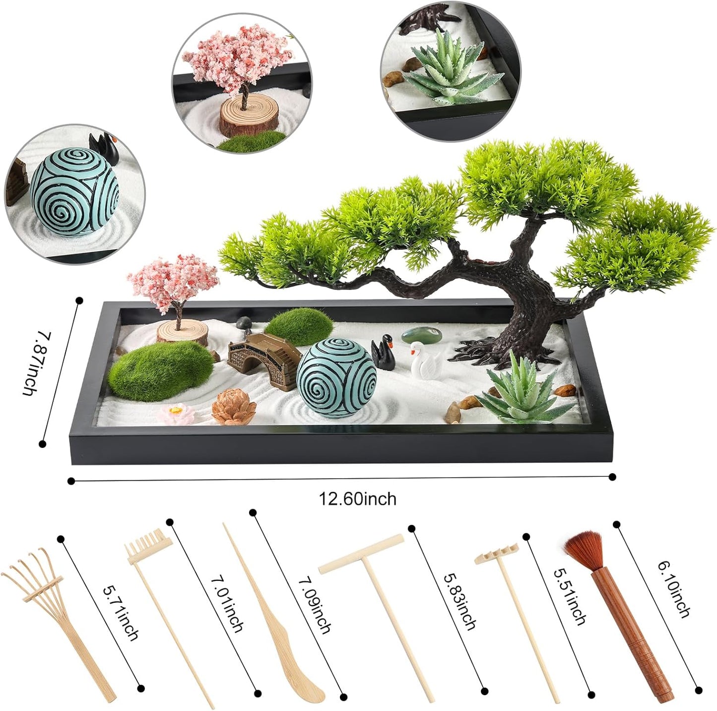 Zen Garden Kit for Desk Decor - Premium Beautiful Japanese Mini Zen Sand Garden Box Set for Home, Office with Black Wooden Tray, White Sand, Tools, Sandball - Desktop Meditation, Accessories