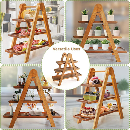 MAJURI 3 Tier Wooden Serving Tray, Set of 2 Tongs Free, Tiered Serving Trays & Platters for Party, Wedding, Picnic, Your Perfect Elevated Charcuterie Stand and for 3 Tiered Dessert Stand Lovers