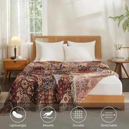 Boho Throw Blanket for Couch Sofa Bed, 100% Cotton Woven Quilt with Tassel 80”x90”, Super Soft Muslin Blanket with Patchwork Printed, Decorative Reversible Bed Blanket/Cover for All Seasons