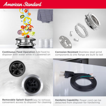American Standard 10-US-AS-7 Garbage Disposal Anti-Jam Stainless Steel Food Waste Grinding System, Heavy Duty, 3/4 HP, Black