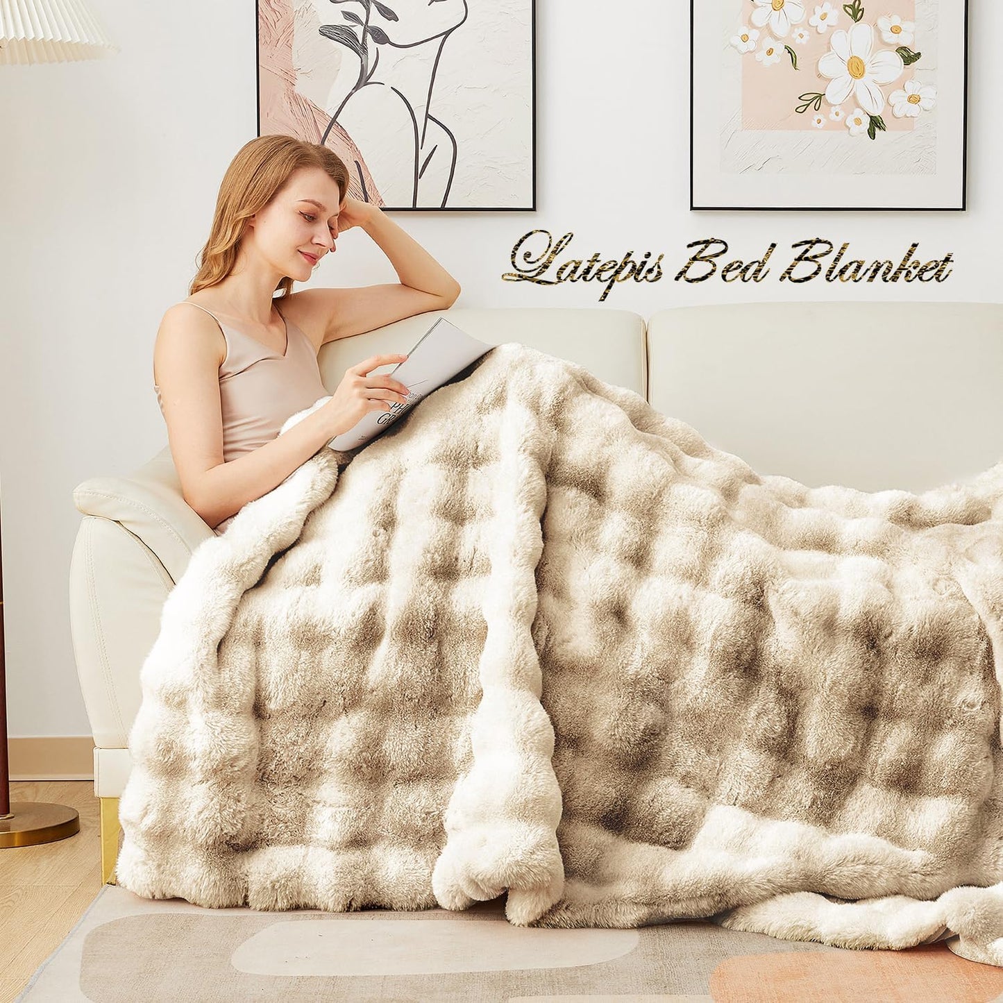 Latepis Soft Luxury Faux Fur Bubble Blanket, Thick Warm Cozy Twin Blankets for Couch, Plush Fluffy Blankets for Sofa and Bedroom, Fuzzy Blanket for Women Gift, 60” x 80”, Tie-dye Camel, 860GSM