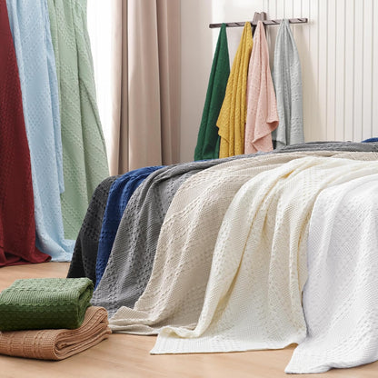 PHF 100% Cotton Waffle Weave Blanket Queen Size, Soft Lightweight Breathable Cozy Summer Blankets for Bed, Luxury Aesthetic Woven Bedding for Home Decor, 90"x90", Khaki