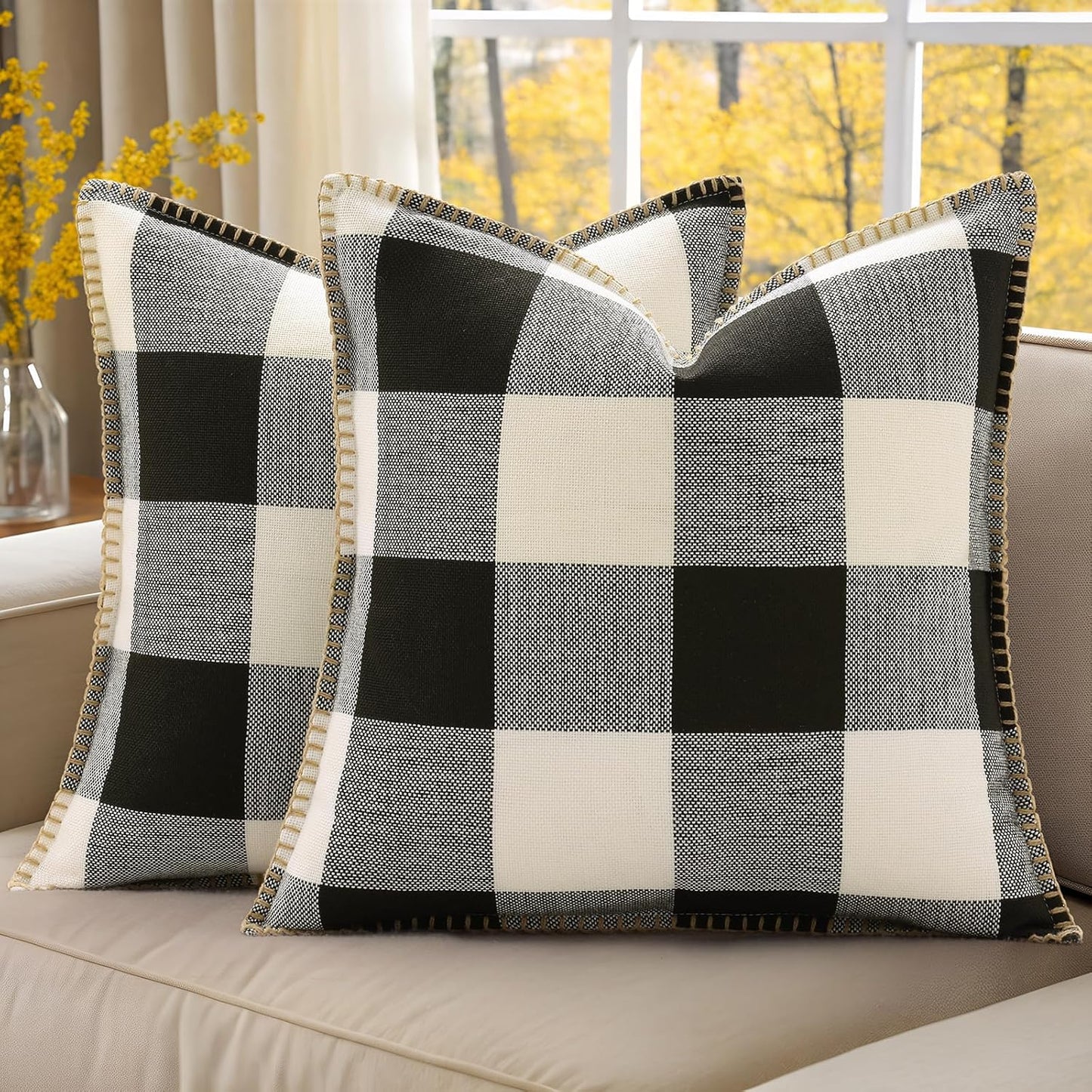 decorUhome Buffalo Plaid Check Throw Pillow Covers 24x24 Set of 2, Outdoor Decorative Farmhouse Neutral Pillow Covers with Stitched Edge for Bed Couch Sofa, Black and White
