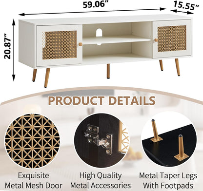 JYED Mid Century Modern TV Stand with Metal Mesh Doors and Open Shelf for 65" TVs,Antique White Media Console Wood Entertainment Center with Cable Holes for Living Room.59.06"x15.55"x20.87"