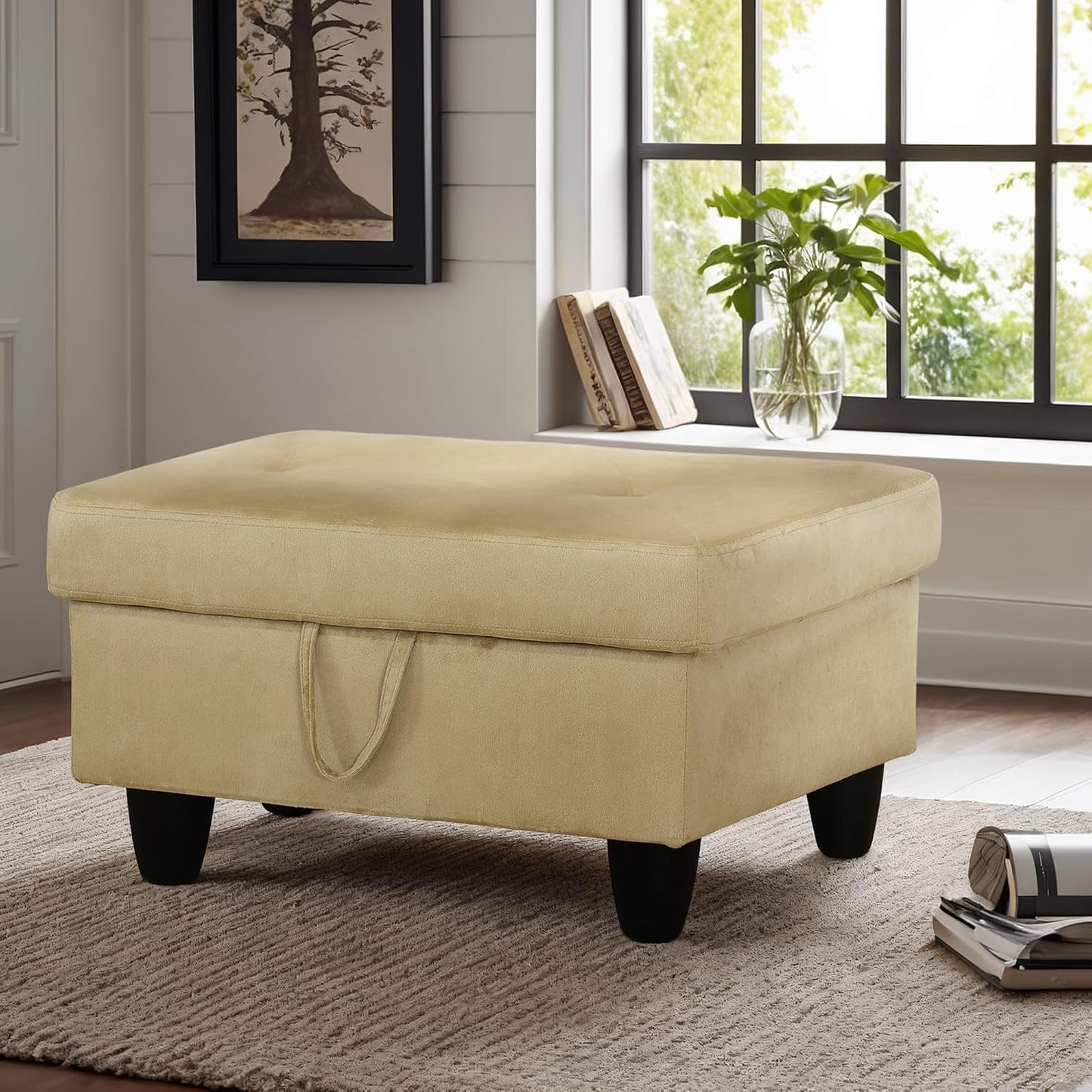 Ottoman Rectangular Storage Ottoman Bench, Flannel Footrest Stool Footstool with Lid for Living Room, Bedroom, Entryway, Light Brown, 28.5"x19"x17.5"